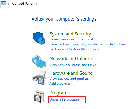 uninstall a prgram Windows 10